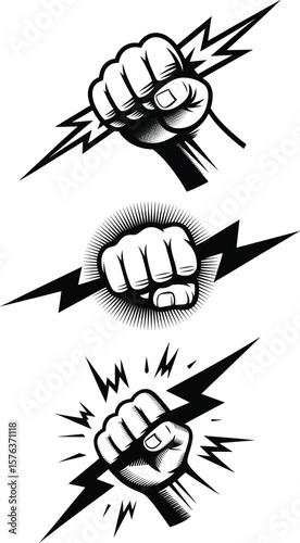 Electric Fist Vector Icons, Lightning Bolt Power Punch Illustration Set.

