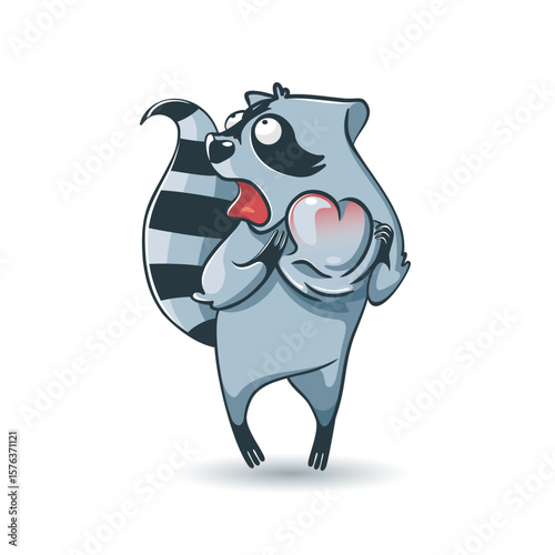 Cute raccoon character holding a heart symbol on white background with vibrant colors emphasizing affection and warmth