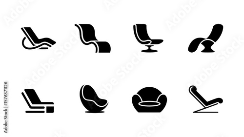Vector art of a set of eight modern lounge chair icons in black on a white background