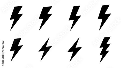 Vector art of group of eight black lightning bolt icons symbolizing electric power on a white background