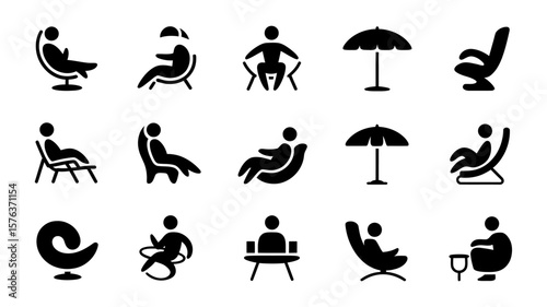 Vector art of a collection of fifteen icons depicting people relaxing in chairs and under umbrellas