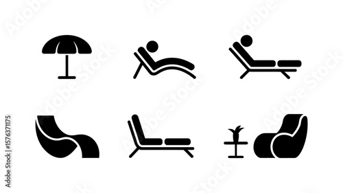 Vector art of a collection of six icons showcasing lounge chairs, an umbrella, and a potted plant