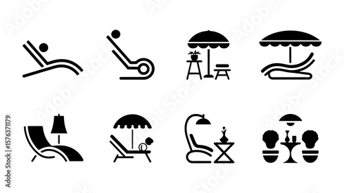 Vector art of a set of eight icons featuring lounge chairs, umbrellas, and outdoor furniture arrangements