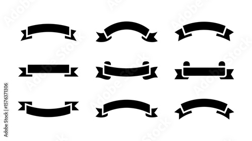 Vector art of set of nine black ribbon and banner shapes on a white background