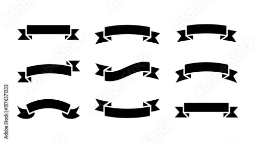 Vector art of a collection of nine black ribbon banners in various styles and shapes