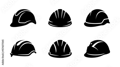 Vector art of a set of six black hard hats in various styles, isolated on white background