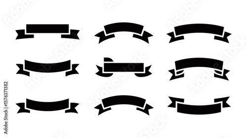 Vector art of a collection of nine black ribbon banners in various styles and shapes