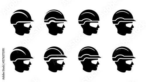 Vector art of a collection of eight black hard hat profiles, isolated on white background