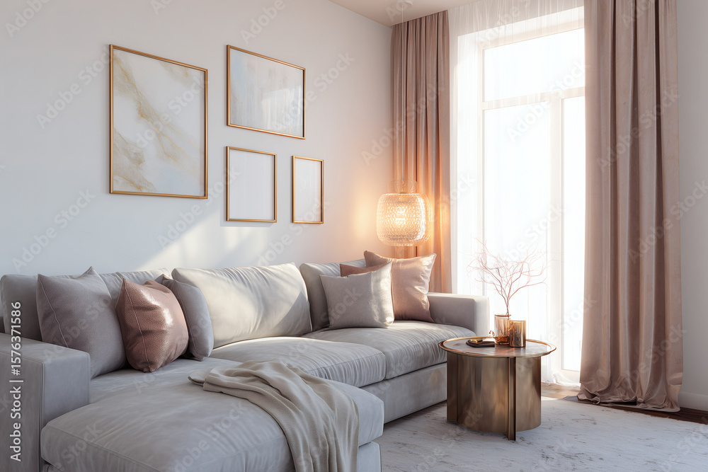 Fototapeta premium Neutral living room with soft textures and natural light. Warm inviting space.