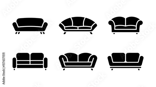 Vector art of a grid of six black silhouette icons showcasing various styles of sofas and couches