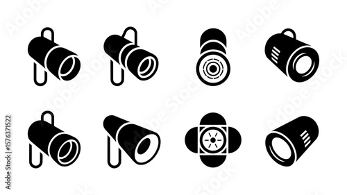 Vector art of a collection of eight diverse spotlight icons representing various lighting equipment for stage and studio