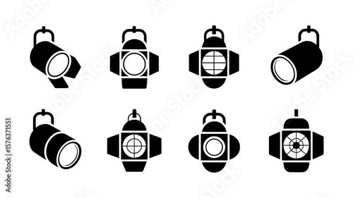 Vector art of a collection of eight diverse spotlight icons representing various lighting equipment for stage and studio