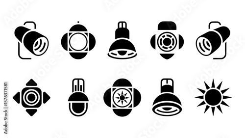 Vector art of a collection of ten diverse icons including spotlights, lamps, and a sun symbol for lighting and energy concepts