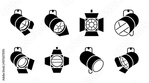 Vector art of a collection of eight diverse spotlight icons representing various lighting equipment for stage and studio