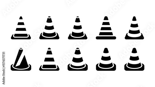 Vector art of a set of black traffic cone icons representing safety and construction on a white background