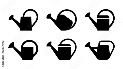 Vector art of a set of black watering can icons symbolizing gardening and plant hydration on a white background