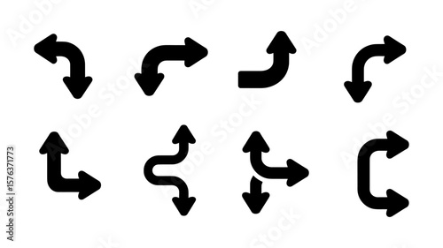 Vector art of a collection of black arrow icons indicating direction and navigation on a white background