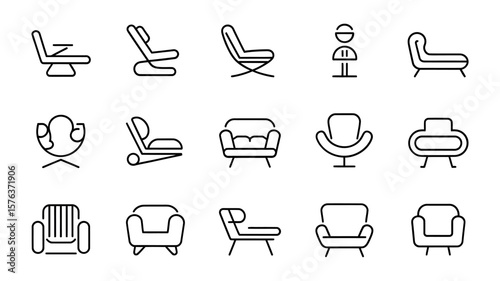 Vector art of a collection of modern and minimalist chair icons in outline style on a white background