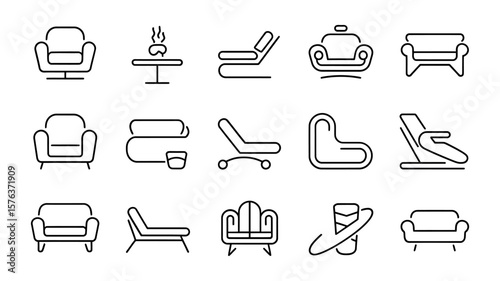 Vector art of a collection of line art icons representing various types of modern furniture and seating arrangements