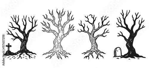 Bare black oak tree silhouette Halloween vector illustration with roots and branches, a natural design element for any season