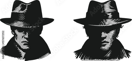  Monochrome engraving style half-hidden face with glasses in shadow vector bundle, detailed line art mysterious portrait design for vintage illustration, abstract sketch, or poster use