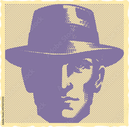  Engraving postal stamp halftone frame vector in purple color showing a half-hidden mysterious face with glasses in shadow, detailed retro etching style, isolated background
