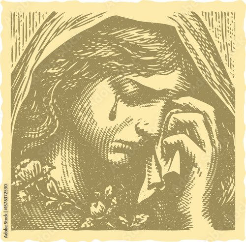  Green Color Sorrowful Woman Wiping Tears Vector — Engraving Style Postal Stamp Frame Design with Lined Effect — Emotional Female Portrait in Vintage Illustration Art