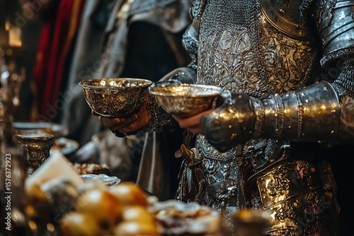 medieval banquet with knights clanking goblets together