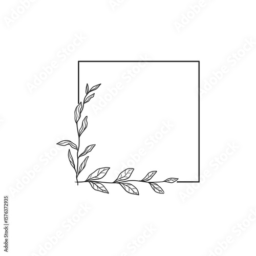 Hand-Drawn Square Frame with Delicate Corner Floral Branch and Leaves