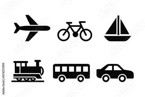 Monochrome Vehicle and Transportation Icon Set Simple Vector Symbols Collection of Transport Related Graphic Elements Isolated on White Background