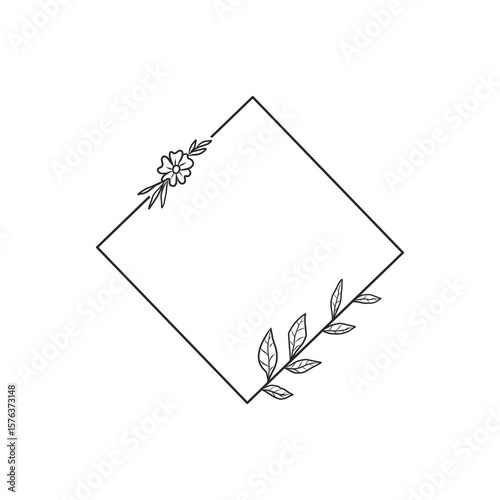 Hand-Drawn Diamond Frame with Floral and Leaf Accents on Opposite Corners
