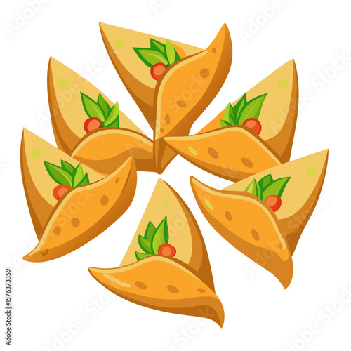 Stylized Illustration of Seven Empanadas Arranged in a Circular Pattern Each Garnished with Green Leaves and a Red Berry Set Against a Clean White Background