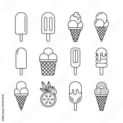 A delightful assortment of ice cream and popsicle icons, showcasing various flavors and styles for a sweet summer treat