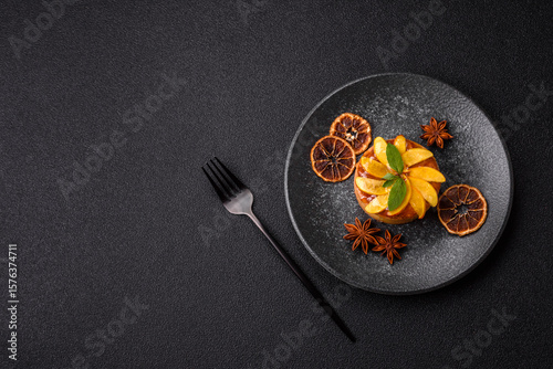 Sweet round pie or tart with apples and peach. Mini sweet tart