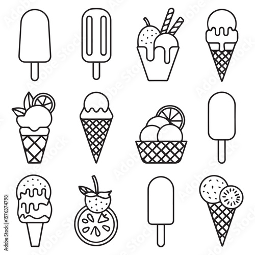A comprehensive collection of ice cream and popsicle icons, featuring a diverse range of frozen desserts and refreshing summer flavors