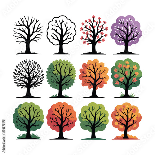 Twelve distinct trees representing various seasons and artistic styles, presented on a clean white background