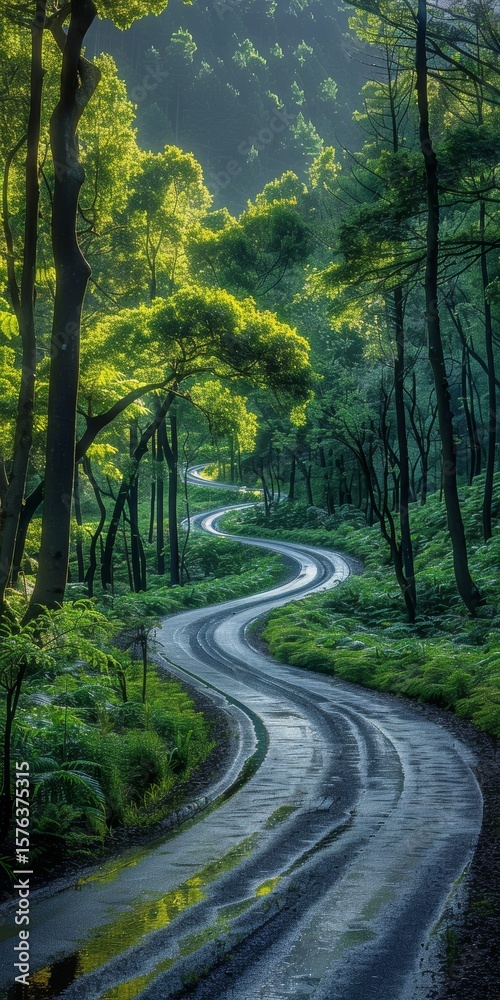 Fototapeta premium Serene Winding Road Through Lush Green Forest