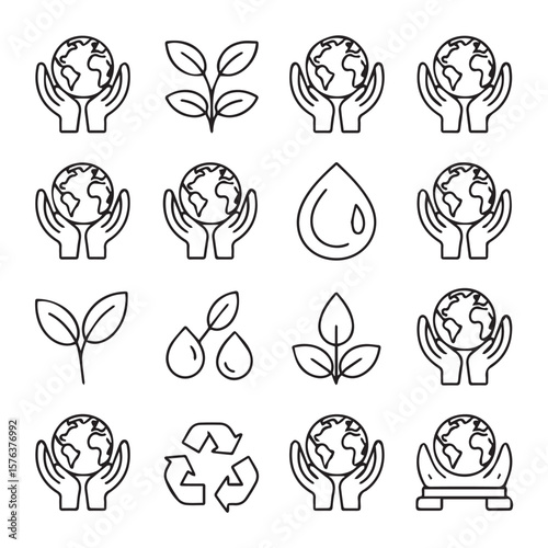 A diverse set of line art icons representing environmental protection, including hands cradling the planet, growing plants, water droplets, and recycling emblems