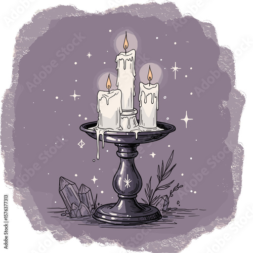 Three white candles on ornate holder with crystals and stars  