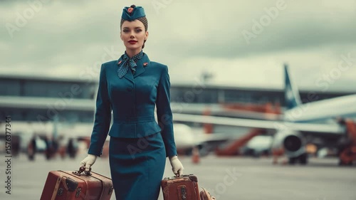 Elegant flight attendant in blue uniform
