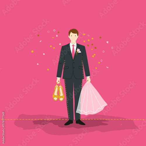 Man in suit holding wedding veil and shoes on pink background