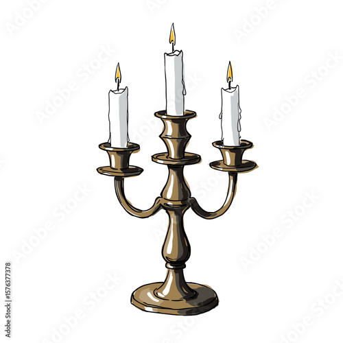 Three-branched candelabra with white candles on a neutral background  