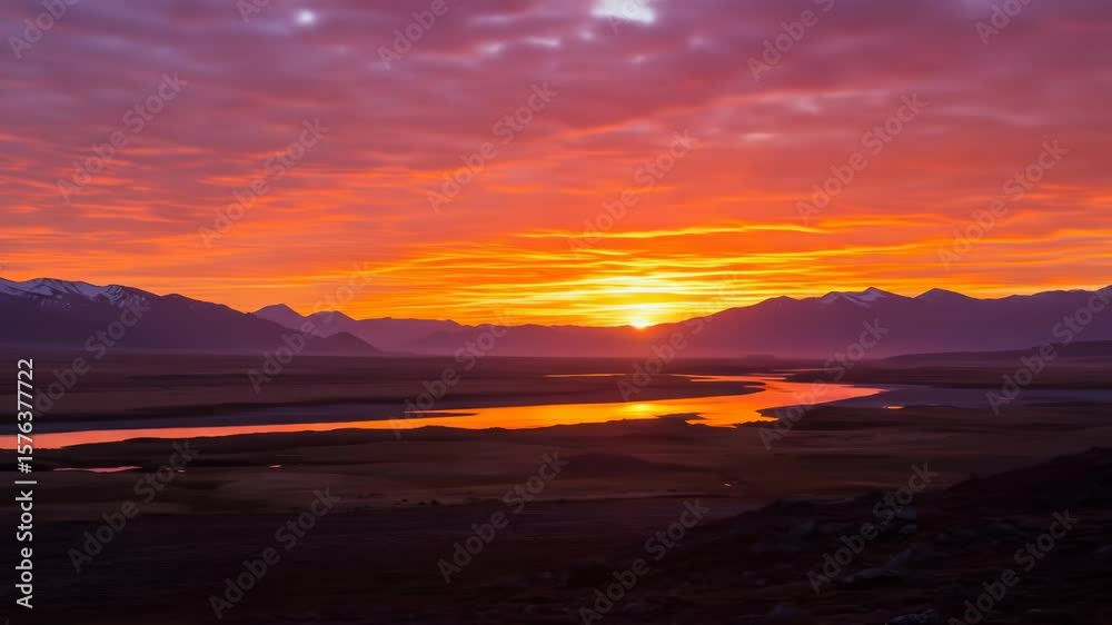 Stunning Sunset Over Mountain Range with Vibrant Sky and Reflective River in Natural Landscape Stunning Sunset Over Mountain Range with Vibrant Sky and Reflective River in Natural Landscape