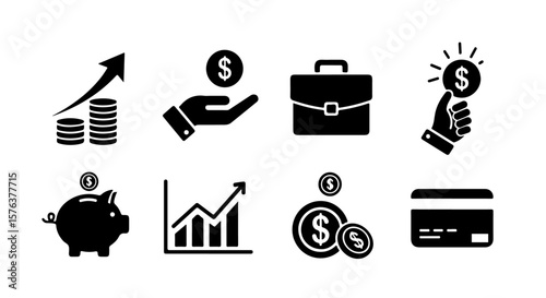 Basic Financial and Business Icons Set. Set of 8 solid black financial icons: growing coins, hand with dollar, briefcase, piggy bank, graph, coins, credit card. Ideal for banking & business.