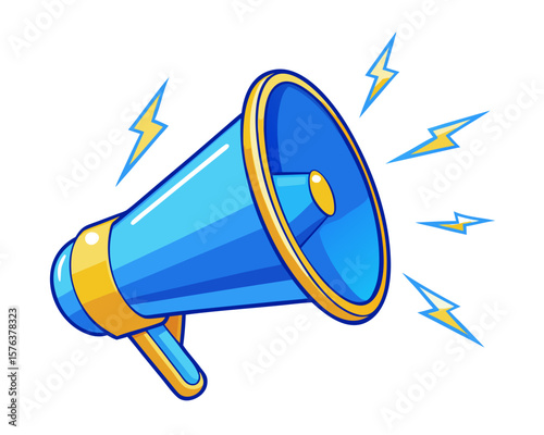 Blue megaphone with yellow accents emitting sound waves and lightning bolts