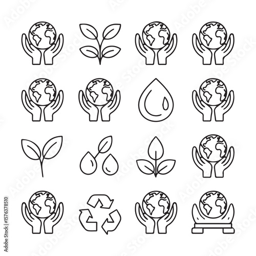 A set of sixteen black and white outline icons focused on environmental themes, featuring globes, plants, and recycling symbols