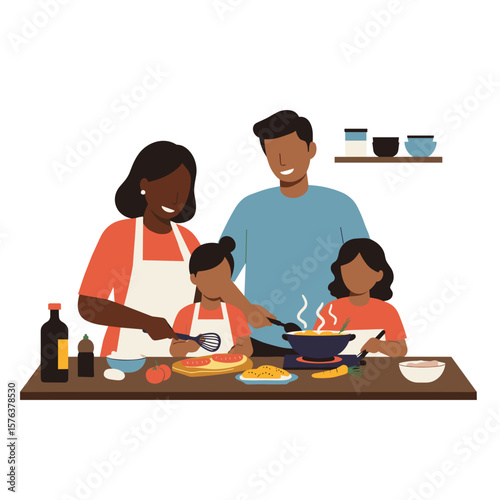 Family cooking together in modern kitchen with vibrant colors  