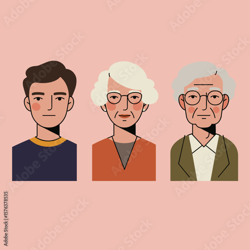 Three illustrated characters depicting different age groups and styles  