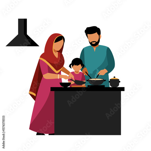 Family cooking together in kitchen with traditional attire  