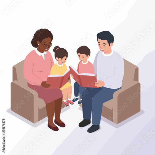Grandma and dad read fairy tales to the children at home on the sofa.
